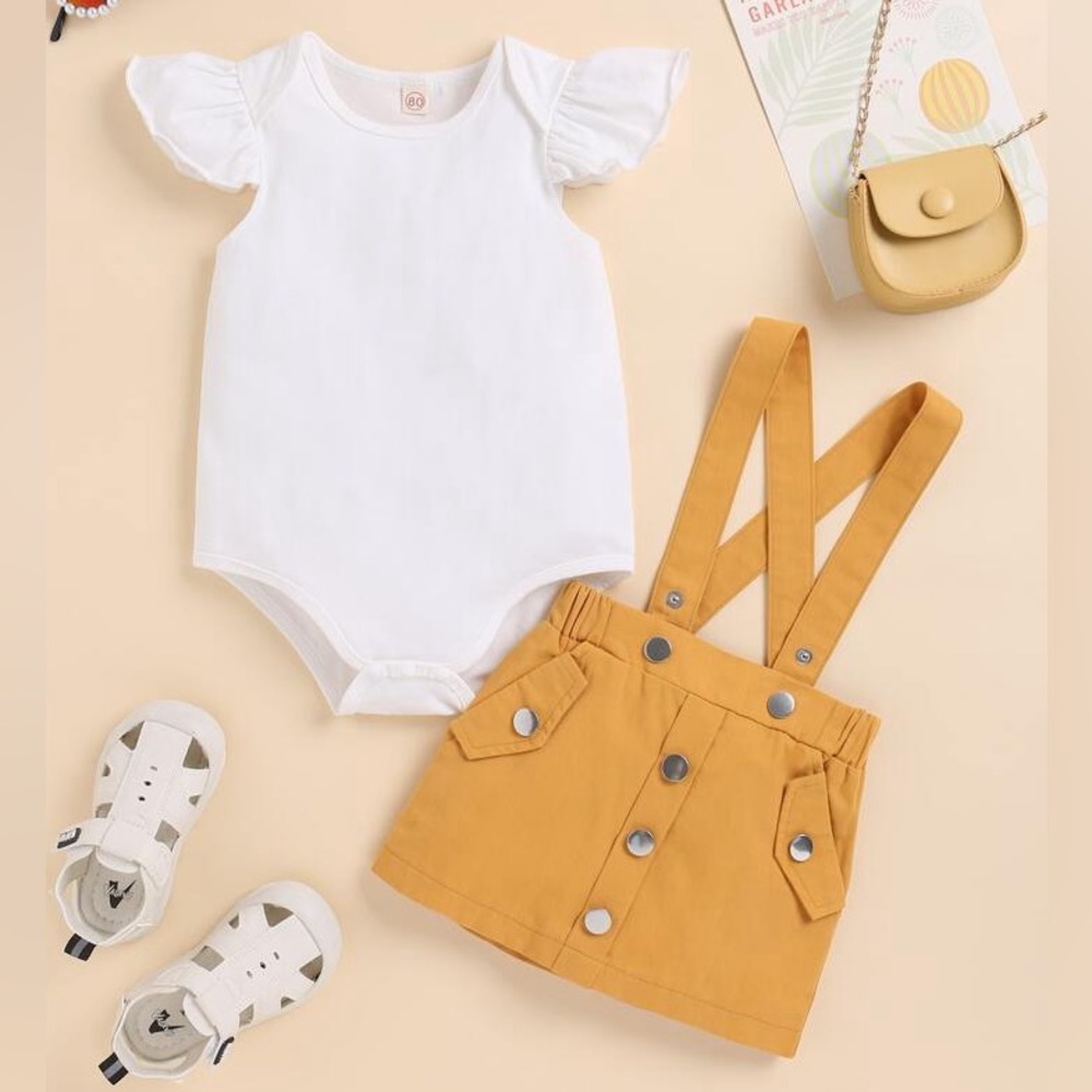 Baby Ruffle Trimmed Bodysuit & Crisscross Suspender Skirt; Sz. 6-9 Months